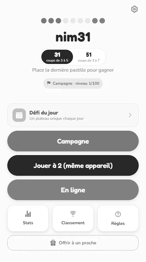 Accueil de nim avec le sélecteur 31 ou 51, la campagne, le défi du jour et le jeu en ligne